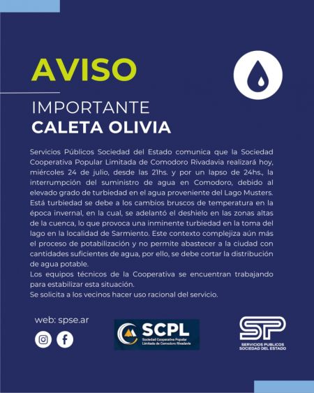 noticiaspuertosantacruz.com.ar - Imagen extraida de: https://noticias.santacruz.gob.ar/gestion/entes-provinciales/servicios-publicos/item/30860-por-alta-turbiedad-se-cortara-el-suministro-de-agua-en-caleta-olivia