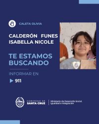 Buscan a Isabella Calderón Funes en Caleta Olivia