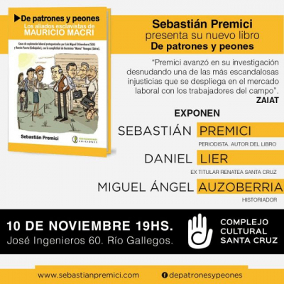 Sebastián Premici presentará su libro “De patrones y peones” en el Complejo Cultural