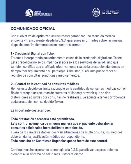 Comunicado oficial de la Caja de Servicios Sociales