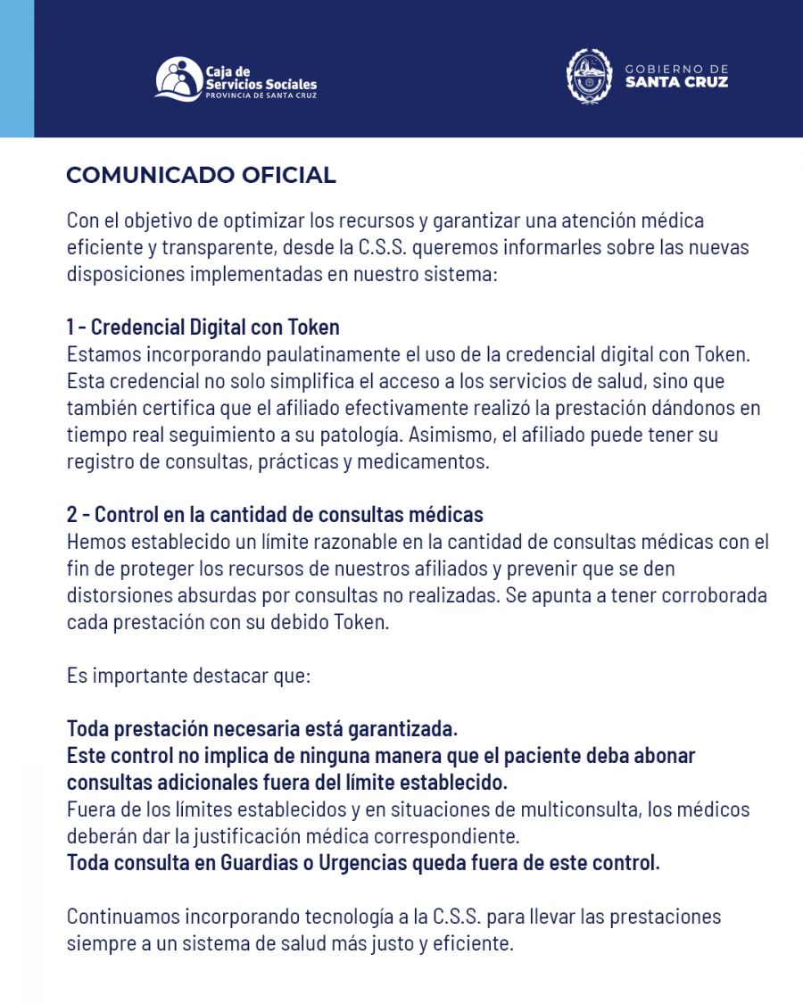 Comunicado oficial de la Caja de Servicios Sociales