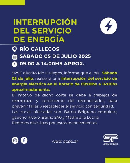 Corte programado de energía en Río Gallegos este sábado 5 de julio