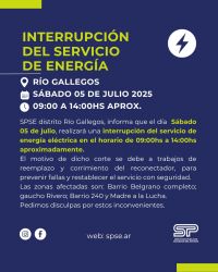 Corte programado de energía en Río Gallegos este sábado 5 de julio