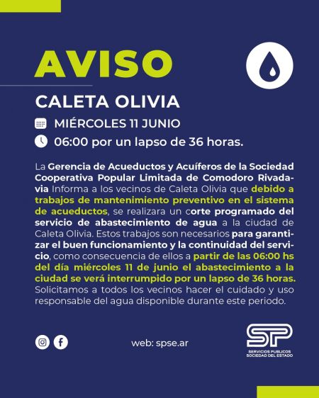 Suspensión temporal del servicio de agua en Caleta Olivia