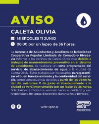 Suspensión temporal del servicio de agua en Caleta Olivia