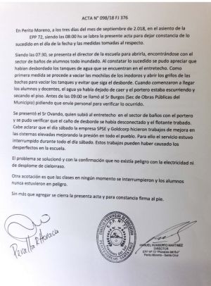 En la EPP 72 de Perito Moreno rebalsó un tanque de agua