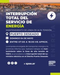 Servicios Públicos informa sobre corte de suministro eléctrico en Puerto Deseado