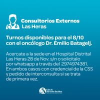 Se encuentran disponibles, este viernes y sábado, turnos de oncología en Consultorios externos de Zona Norte