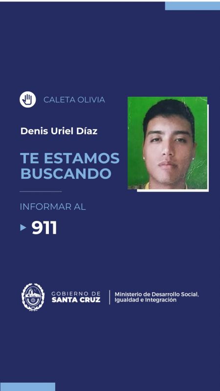 noticiaspuertosantacruz.com.ar - Imagen extraida de: https://noticias.santacruz.gob.ar/gestion/desarrollo-social/item/29786-te-estamos-buscando-se-necesita-dar-con-el-paradero-de-denis-uriel-diaz