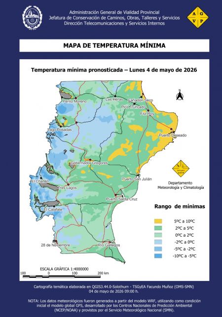 Mapa de temperaturas mínimas para el lunes 4 de mayo