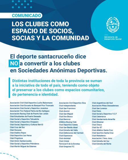 Comunicado: El deporte santacruceño dice NO a convertir a los clubes en sociedades anónimas deportivas