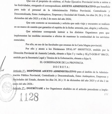 El Gobierno Provincial dispone receso y asuetos por fiestas de fin de año