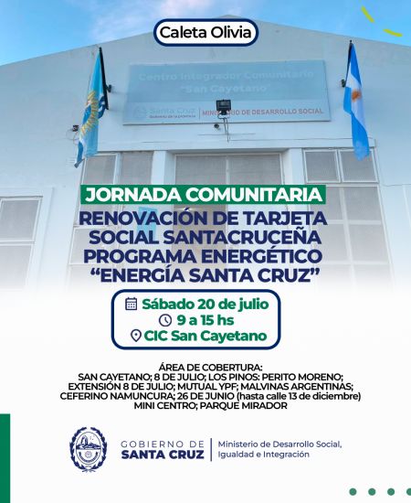 Caleta Olivia: jornada comunitaria de renovación de Tarjeta Social y altas en programas de subsidios energéticos