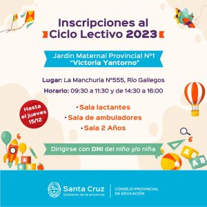 Se encuentran abiertas las inscripciones del Ciclo Lectivo 2023 al Jardín Provincial Maternal Nº1