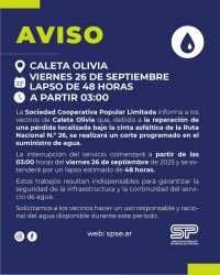 Servicios Públicos informa una suspensión temporal del servicio de agua por trabajos de reparación