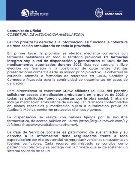 Comunicado de la Caja de Servicios Sociales sobre Cobertura de Medicación Ambulatoria