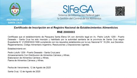 Otorgaron la primera certificación de inscripción en el Registro Nacional de Establecimiento a una firma santacruceña