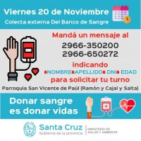 Este viernes se realizará una colecta externa de sangre en Río Gallegos