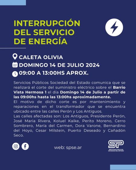 Interrupción programada de energía eléctrica en Caleta Olivia