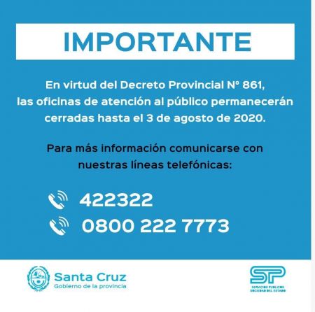 SPSE informa los horarios y modalidad de atención en Río Gallegos
