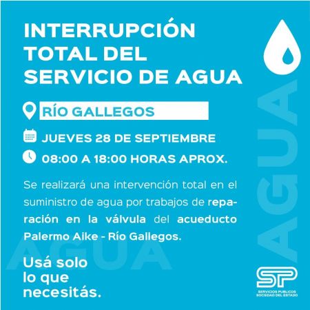 Servicios Públicos anunció la interrupción del suministro de agua en Río Gallegos