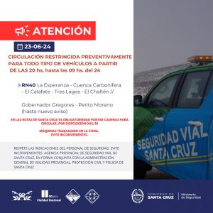 Parte de transitabilidad de rutas santacruceñas: tramos Intransitables y condiciones climáticas