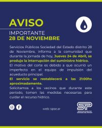 Interrupción de agua en 28 de Noviembre