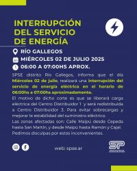 Río Gallegos: Corte programado de energía