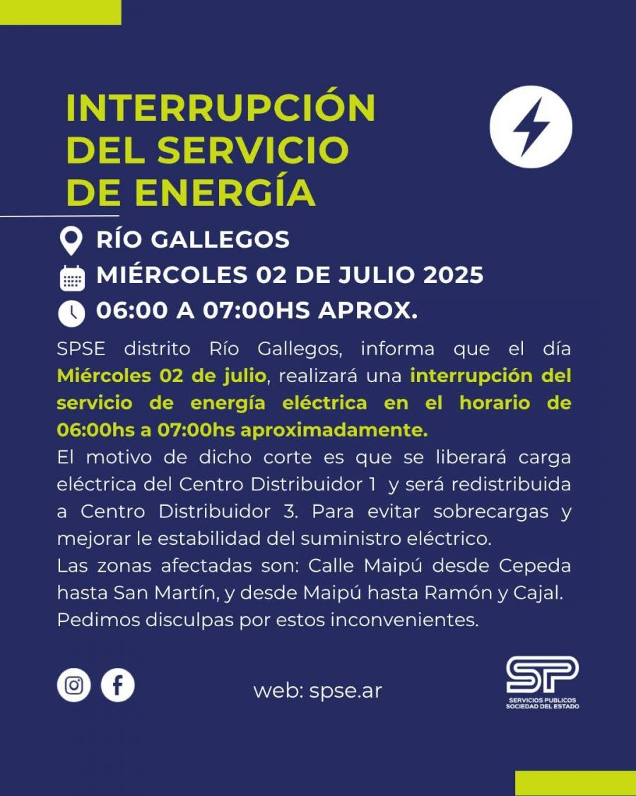 Río Gallegos: Corte programado de energía