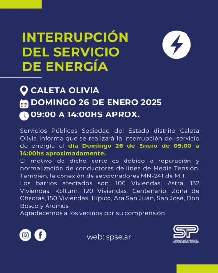 Interrupción de energía eléctrica en Caleta Olivia