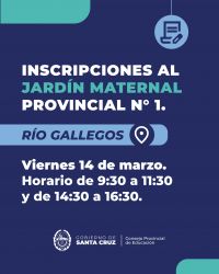 Río Gallegos: Este viernes 14 se realizarán las inscripciones para el Jardín Maternal N°1