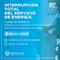 Servicios Públicos informa la interrupción Programada del Servicio de Energía en Río Gallegos