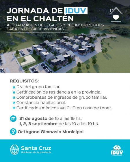 IDUV realizará actualización de legajos y pre-inscripción en El Chaltén