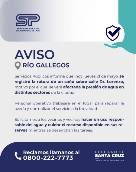 Servicios Públicos informa sobre la rotura de un caño y solicita cuidar el consumo de agua