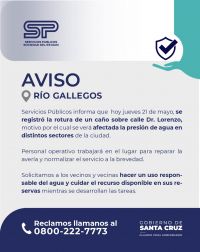 Servicios Públicos informa sobre la rotura de un caño y solicita cuidar el consumo de agua