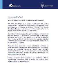 Comunicado: La Caja de Servicios Sociales desmiente declaraciones de la jefa de PAMI en Río Turbio