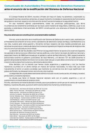 Comunicado de Autoridades Provinciales de Derechos Humanos ante el anuncio de la modificación del Sistema de Defensa Nacional