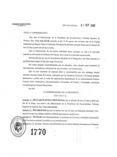 El Gobierno de Santa Cruz declara 3 días de duelo por el fallecimiento de la Presidenta del Tribunal Superior de Justicia Dra. Clara Salazar