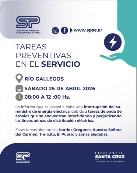 Servicios Públicos anuncia la interrupción del servicio eléctrico este sábado en Río Gallegos