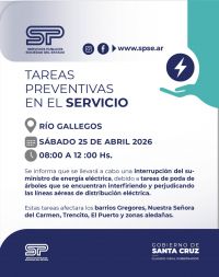 Servicios Públicos anuncia la interrupción del servicio eléctrico este sábado en Río Gallegos