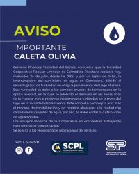 Por alta turbiedad se cortará el suministro de agua en Caleta Olivia