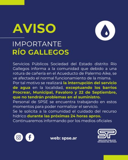 SPSE informa sobre interrupción del servicio de agua en sectores de Río Gallegos