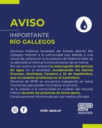 SPSE informa sobre interrupción del servicio de agua en sectores de Río Gallegos