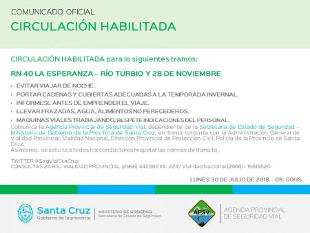 Circulación Habilitada RN40 LA ESPERANZA – RÍO TURBIO Y 28 DE NOVIEMBRE