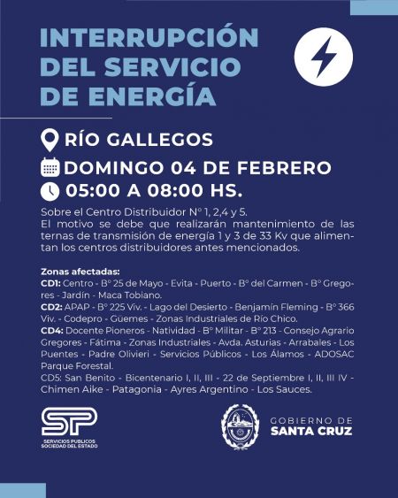 Río Gallegos: Interrupción del servicio eléctrico por tareas de mantenimiento