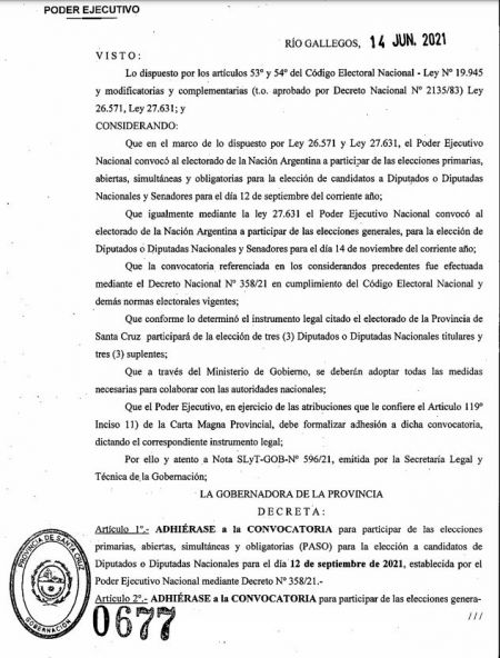 Santa Cruz adhirió al cronograma electoral para las Legislativas 2021