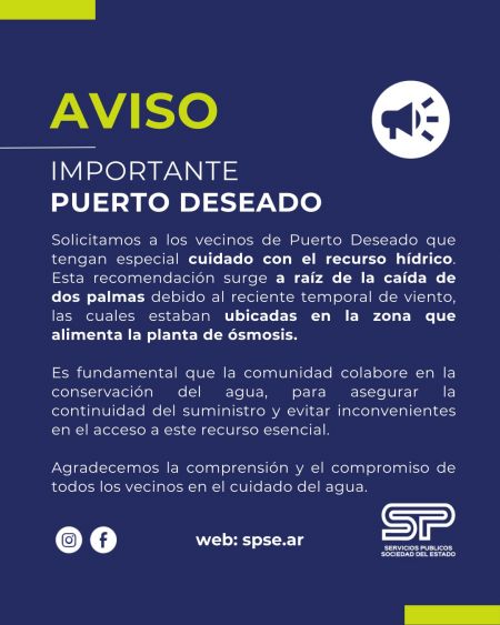 Puerto Deseado: desde Servicios Públicos reiteran el pedido de cuidado del agua