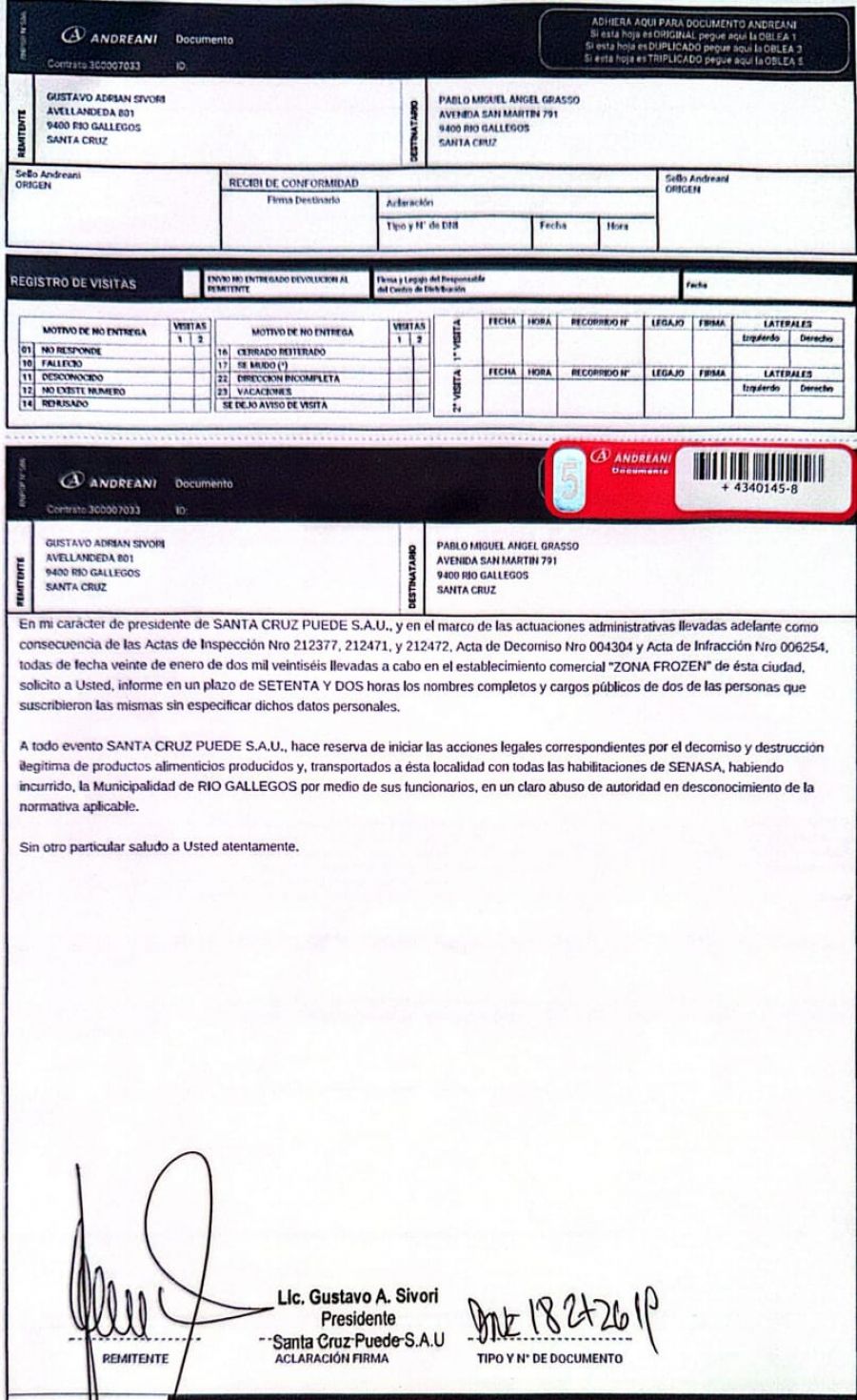 Santa Cruz Puede S.A.U. intim&oacute; a Grasso y exigi&oacute; identificar a funcionarios que firmaron sin nombre