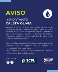 Interrupción en el suministro de agua en Caleta Olivia por alta turbiedad