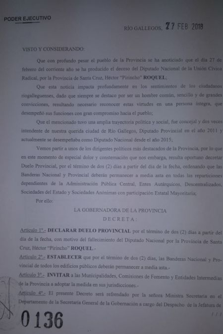 Decretaron dos días de duelo por el fallecimiento del Diputado Roquel